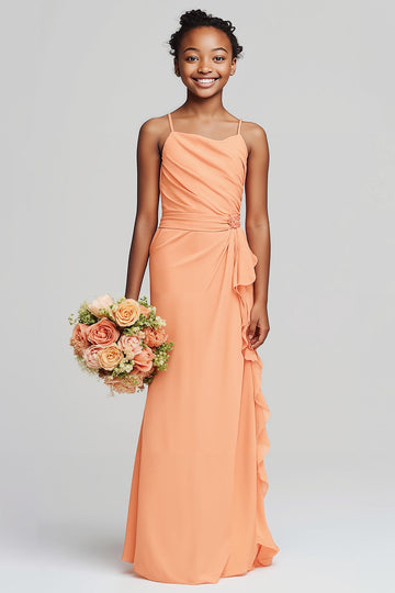 Sunset Sheath Szyfon Marszczone Długa Młodsza Sukienka Druhny Z Falbankami